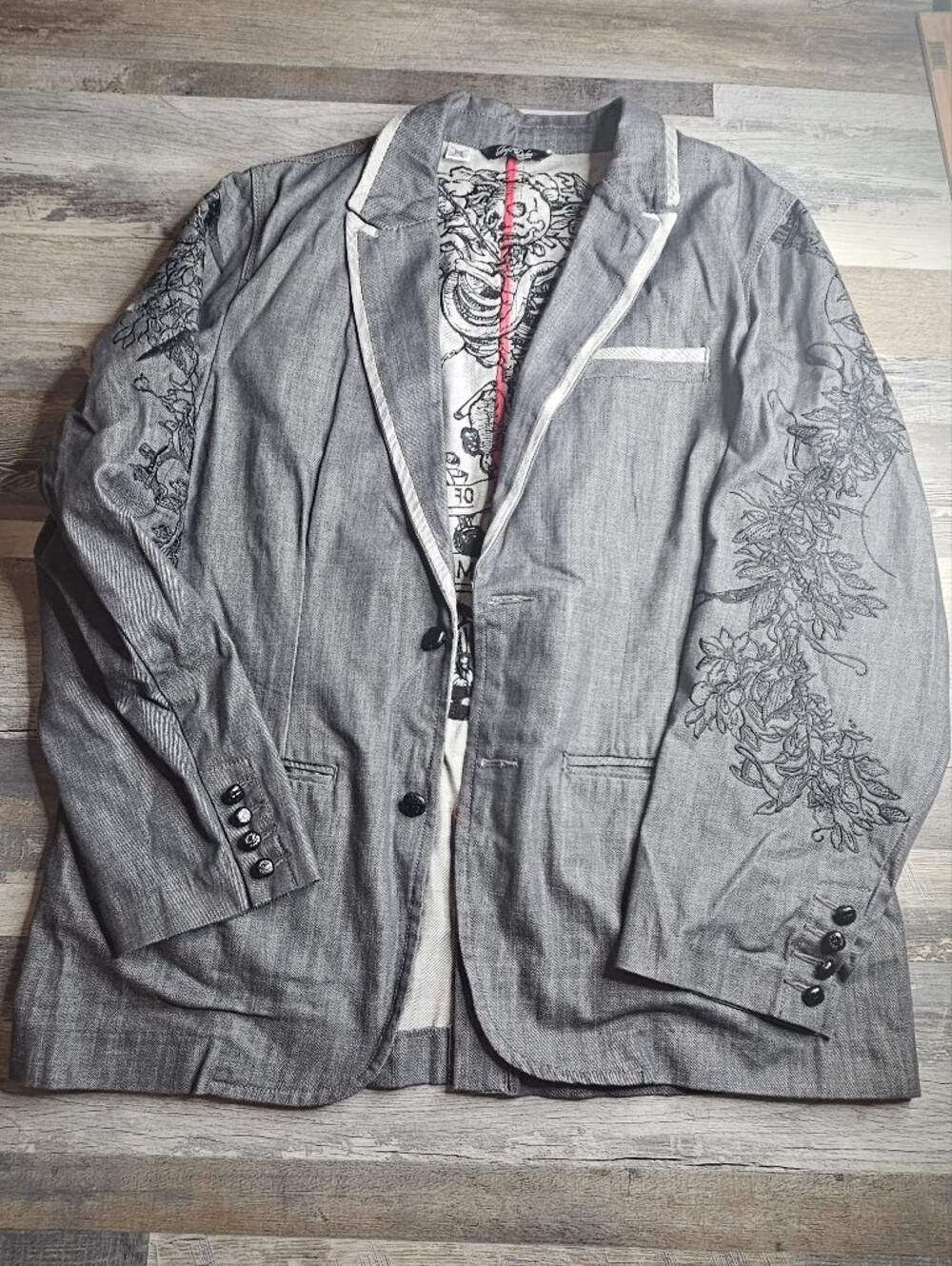 Artful Dodger 4XL Death Of A Craftsman Grey Denim Blazer Jacket Skeleton
